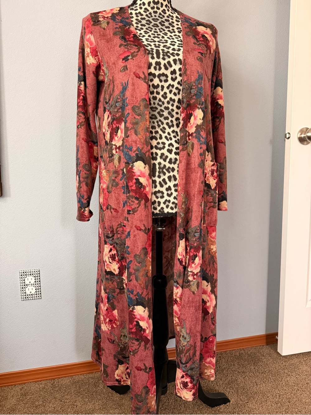 LuLaRoe Floral Long Duster Cardigan in Rose and Red Tones